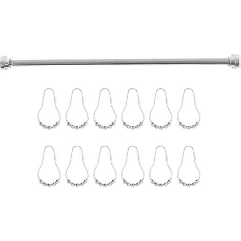 Barre de penderie réglable avec 12 crochets en acier inoxydable, rétractable, pour salle de bain, douche, balcon ou dressing, 80 cm (1/5)