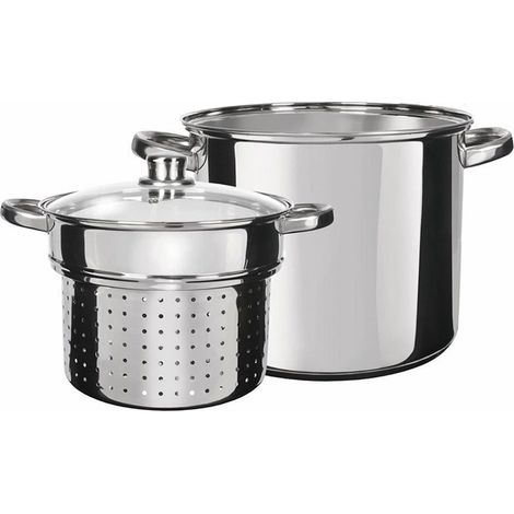 TrAdE Shop Traesio - Set 3pz Pentola Cuocipasta In Acciaio Scola Pasta Con Coperchio Manici ø24cm 8lt Induzione - (1/5)