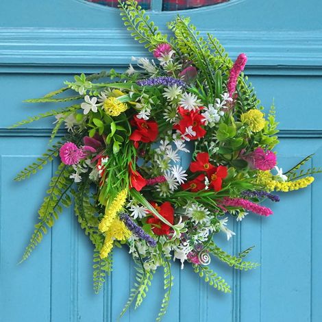 Guirlande Printemps - Couronne Artificielle 35 cm - Fleurs et Fougères Multicolores - Décoration Porte Mur Intérieur Extérieur - 1 Pièce (1/5)
