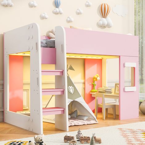 Lit Mezzanine 90x200 cm avec Bureau et Éclairage LED, Lit Ado avec Échelle à Marches Larges et Garde-Corps Hauts, Bois - Rose (1/5)