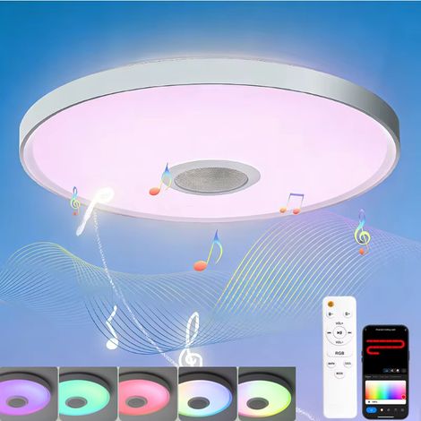 Plafonnier LED RGB moderne avec haut-parleur intégré, luminaire de plafond intelligent pour chambre et salon (TUYA), télécommande via application, intensité réglable
