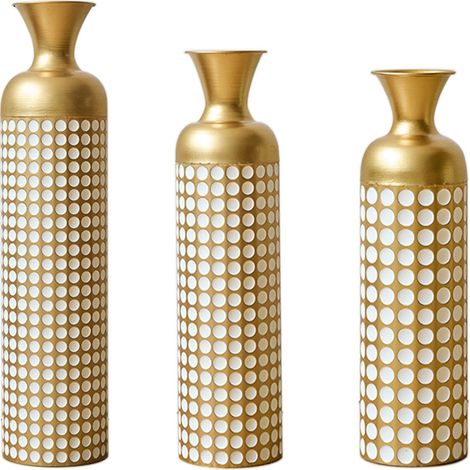 Set de 3 maceteros de suelo de metal dorado con lunares blancos, 83/66/50 cm (1/5)