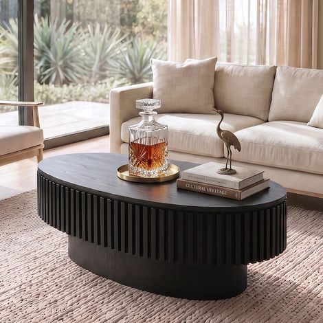 Ovaler Couchtisch 98x60x35 cm aus MDF mit Holzfurnier in Schwarz mit verborgenem Stauraum (1/5)