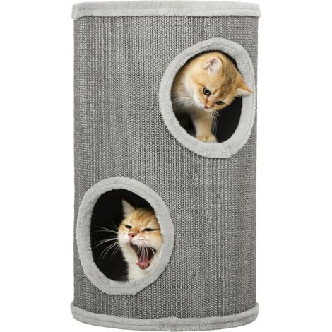 Griffoir en forme de tonneau, 60 cm de haut, Ø 35 cm, à deux étages avec 2 niches, bord en peluche, pour 1 à 2 chats jusqu'à 5 kg, gris clair (1/5)