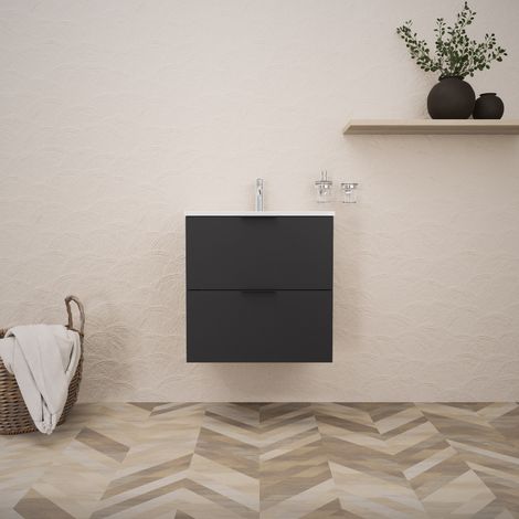 Inda - Badezimmerschrank B.60 mit glänzendem/mattem schwarzem Waschbecken 2 Schubladen - Topazio