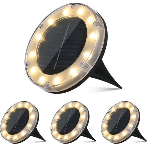 Lot de 4 lampes solaires disque blanc chaud 12 LED, étanches IP65, à enfouir au sol pour terrasse, jardin, allée, pelouse, cour ou garage. (1/4)