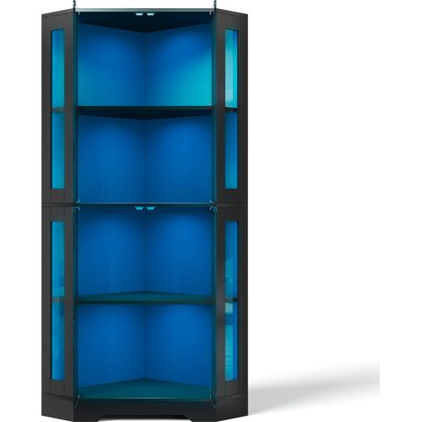 Vitrine d’angle en verre avec LED 165 cm, meuble d’exposition noir en MDF (1/5)