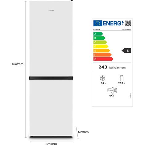 Hisense RB390N4AWE. Capacità netta totale: 304 L. Cerniera porta: Destra, Tipo di display: LED. Classe climatica: SN-N, Emissione acustica: 39 dB. Capacità netta frigorifero: 207 L, No... - RB390N4AVE (1/6)