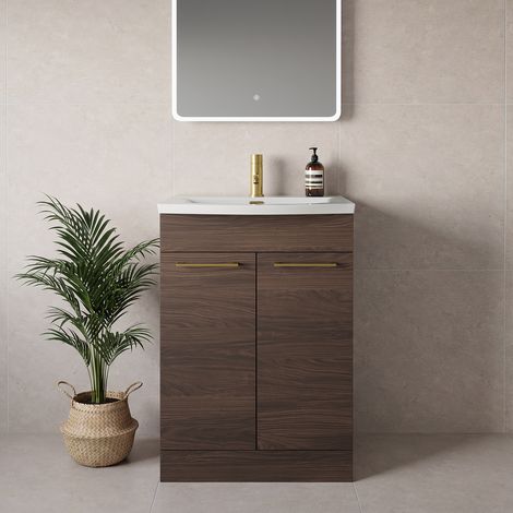 Napoli 390 Brown Oak 600mm 2 Door Vanity Unit with Arc Basin - 600mm - Brushed Brass 160mm Handle
