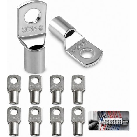 Cosses Tubulaires 35mm² M8 10 Pièces, Cosses Annulaires, Cosse à Sertir a Oeil à Anneau, Cosse Electrique Plate Œillet en Cuivre Étamé pour Voiture (1/5)
