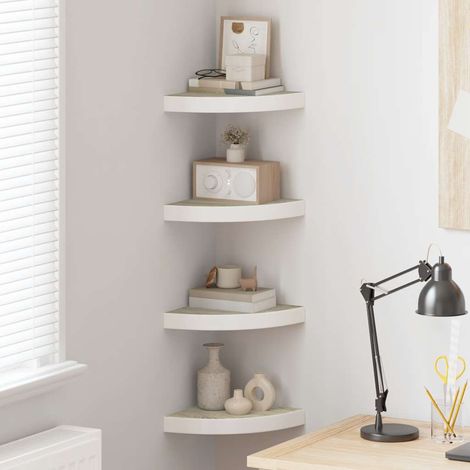 Lot de 4 Étagères d'angle murales,pour Bureau Chambre Chêne et blanc 25x25x3,8 cm MDF -BV71370 (1/5)