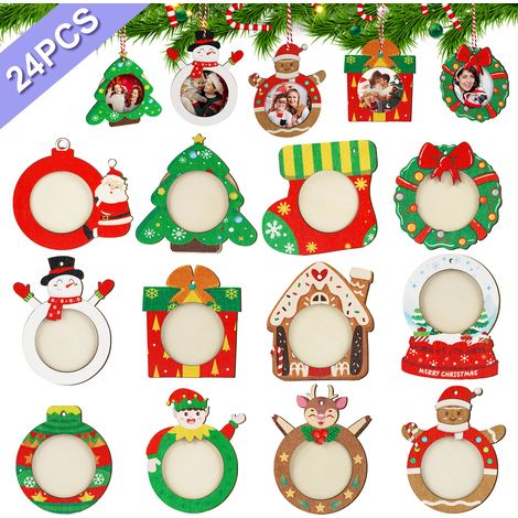 Lot de 24 cadres photo décoratifs de Noël en bois à suspendre soi-même pour le sapin, impression couleur. (1/5)