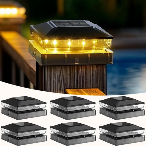Lot de 6 Lampe Solaire Exterieur Lumières, Solaires de Chapeau Lampe LED Etanche pour Jardin Terrasse Clôture, Convenable 3.5x3.5 4x4 5x5 cm Poteau en Bois
