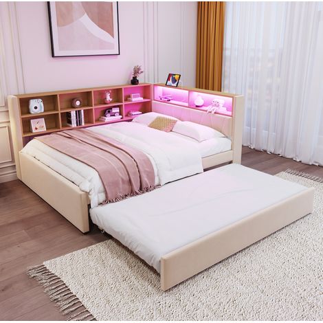 Letto divano moderno 140x200 cm con letto estraibile 90x190 cm, flanella beige, LED, prese di ricarica e vani contenitore (1/5)