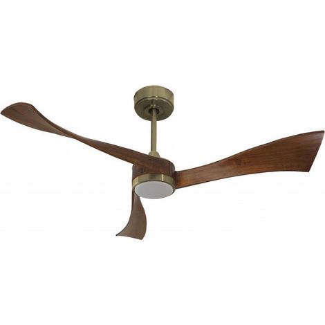 Twist, Ventilateur déstratificateur d'air, pales bois foncées 132 Cm, moteur laiton brossé, avec point lumineux LED.
