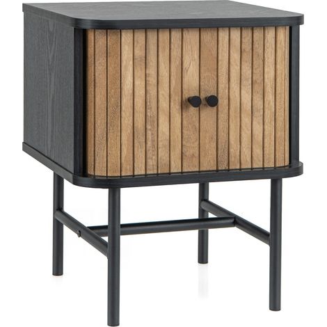 Comodino con ante scorrevoli scomparto chiuso gambe metalliche Tavolino mid-centuryo Nero (1/4)