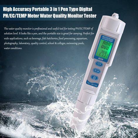 Testeur pH/EC/Température 3 en 1 Stylo Numérique Haute Précision Sonde Remplaçable Compensation Température Auto Écran LCD Rétroéclairé Gris (1/5)