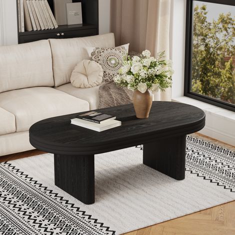 Mid Century Modern Oval Fluted Coffee Table, Rustic Wood Cocktail Table, Versatile Center Table for Living Room, Office, Home Decor(Black, 60cm D x 120cm W x 41.5 H)