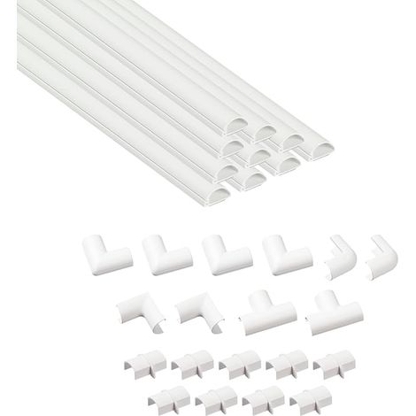 Cable duct 20x10 mm, Multipack 4 m – Half-round profile, self-adhesive wire cover, cable management – 10x 40 cm lengths (20 mm w x 10 mm h) with accessories – White (1/4)