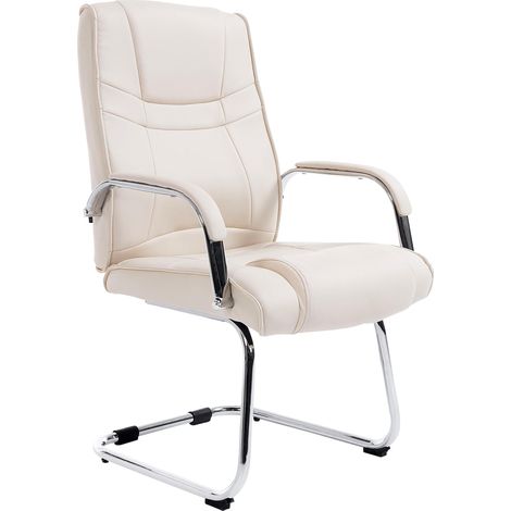 Fauteuil de bureau sans roulettes accoudoirs chaise visiteur charge maximale 180 kg en PVC crème cadre en métal BUR10716