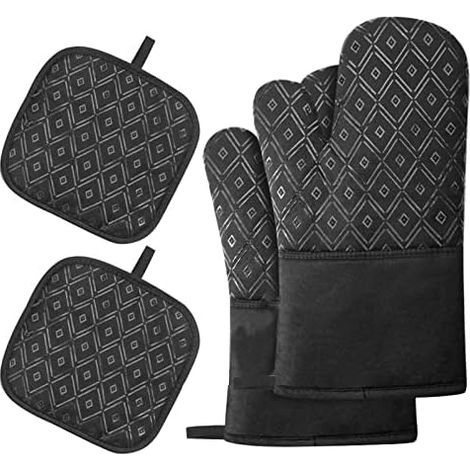 Lot de 4 maniques de cuisine - 2 gants de cuisine antidérapants et 2 sets de table individuels, gants de cuisine antidérapants en silicone pour la cuisine, la pâtisserie et les grillades (noir) (1/3)