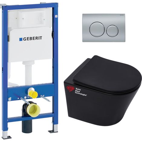 Pack WC Bati-support Geberit + WC sans bride Swiss Aqua Technologies + Abattant frein de chute + Plaque chrome mat