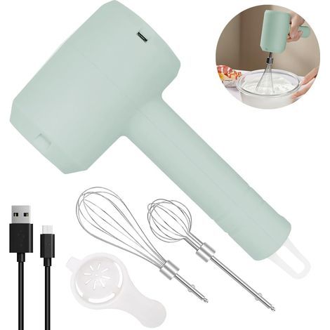 Electric Hand Mixer, Portable Cordless Hand Whisk with 3 Speeds, Rechargeable and 2 Detachable Whisks for Baking, Egg Beating and Milkshake Cream (Green) (1/5)