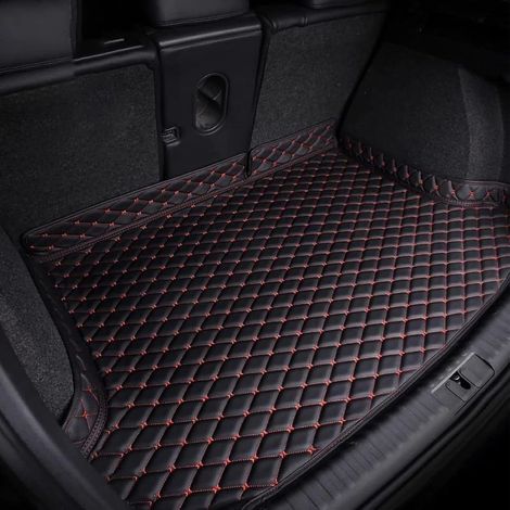 Premium-Kofferraummatte für MG ZS Hybrid+ Luxury (2024), kratzfestes, wasserdichtes Leder, rutschfeste Teppichpolsterung, passgenaue Auskleidung, Farbe: Schwarz/Rot (1/5)