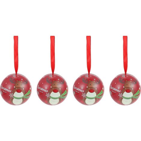 Lot de 4 boîtes à bonbons en métal, motif boule de Noël, avec cordelette pour les suspendre. Idéales pour les fêtes à thème (Noël, mariage, etc.) (rouge, neige, etc.).-7.00X7.00X7.00CM (1/3)