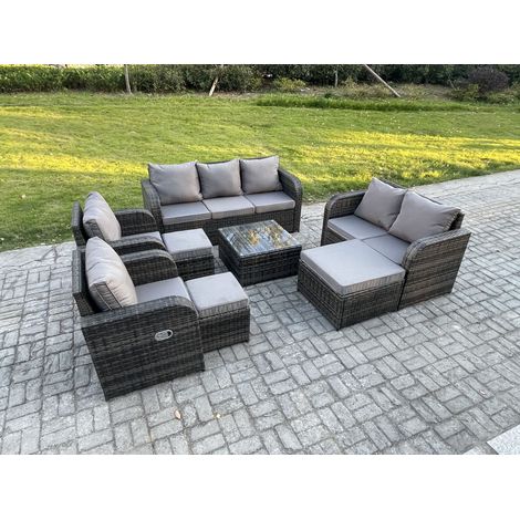 Fimous 10-Sitzer Gartenmöbelset Rattan Garten Sofa im Freien Sessel mit Gehärteter Glastisch 3 Hockern Dunkelgrau Gemischt (1/5)