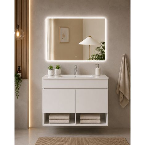Meuble de salle de bain suspendu avec vasque extra-plat ORIGENBATH NEBARI avec portes sans miroir 100x40 cm blanc