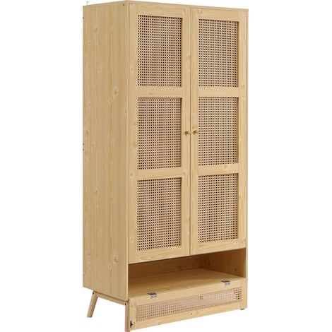 Armadio guardaroba a 2 ante con barra, effetto rattan naturale, 90 x 45 x 183 cm (1/5)