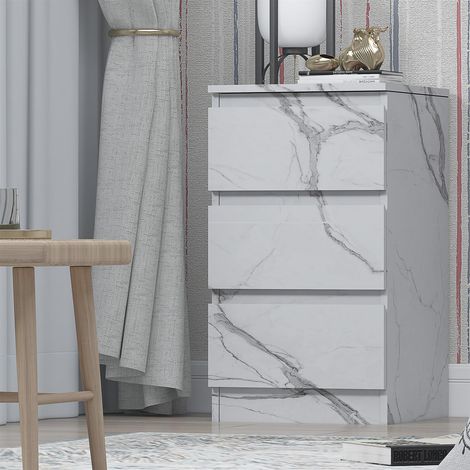 ZITA White Marble Effect 3 Drawer Bedside Table - Modern Nightstand, Stylish Bedroom Furniture