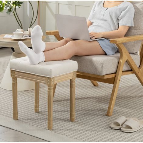 Puf, 42x32x46.5 cm, asiento acolchado, estilo rústico, patas de madera, poliéster beige (1/5)