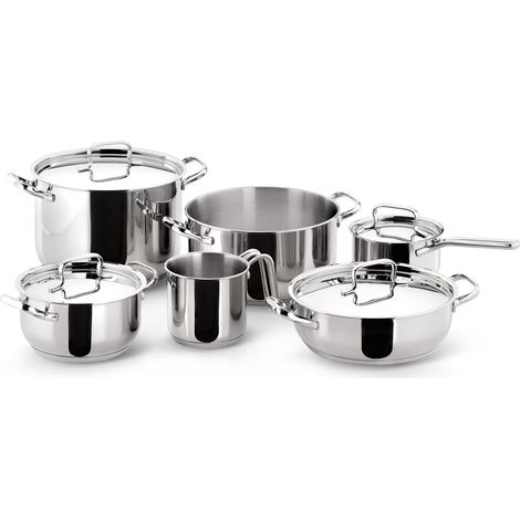 Batterie de Cuisine en Acier Inox 18/10, Casseroles Induction, Gaz et Four, 10 Pièces, Fond Plus, Set avec 3 Faitouts, 1 Marmite, 1 Casserole, 1 Pot à Lait, 4 Couvercles (1/5)