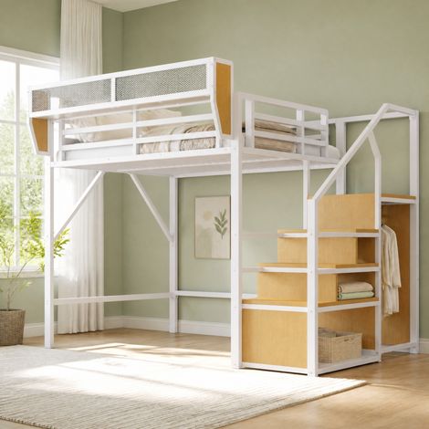 Cama alta moderna 140x200 cm de metal blanco con escalera de seguridad y estante de almacenaje regulable (1/5)
