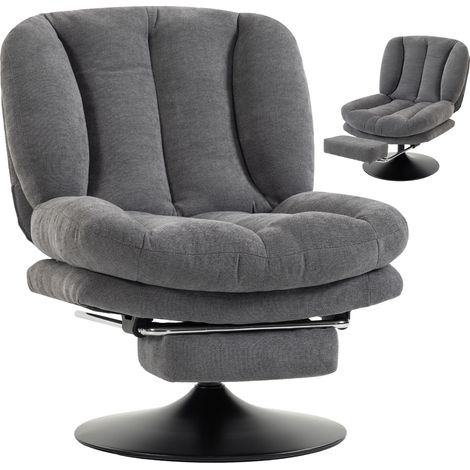 HOMCOM sillón de salón con reposapiés ajustable y giratorio 360°, tapizada en lino, respaldo forma abanico, acolchado grueso, gris oscuro (1/5)