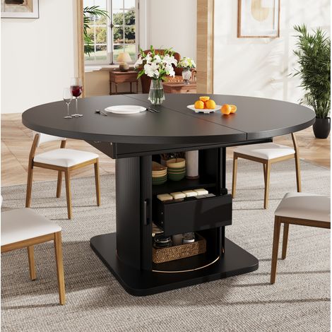 Mesa extensible redonda a ovalada 118-158 x 118 x 76 cm con cajón, negra HAVRYA (1/5)