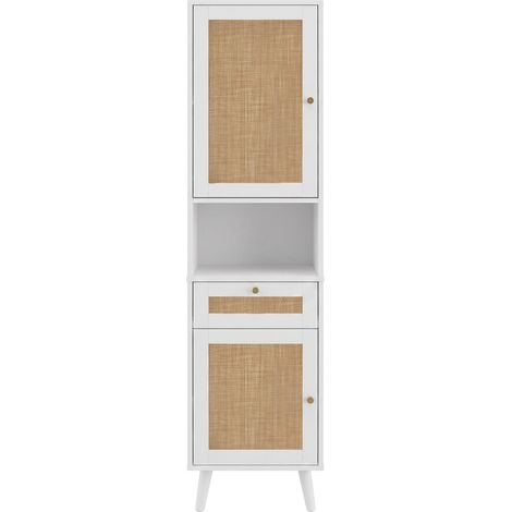 Mueble de baño alto 166 cm en MDF blanco con efecto ratán, cajón y soft-close (1/5)