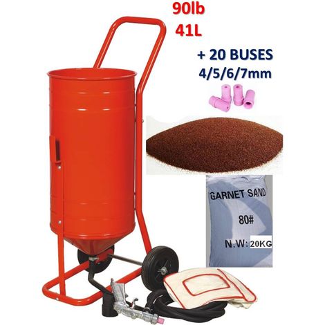 Sableuse Aérogommeuse mobile sur Roulettes 56,70L 90lb 41kg + 20 Buses + Sac 20kg Abrasif Garnet 80A+