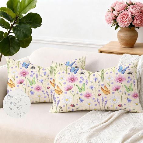 Lot de 2 Housse de Coussin 30 x 50 Extérieur Fleurs Rose Oreiller Decoratif Canape Housse Coussin Imperméable Lin Aesthetic Moderne Taie d'oreiller Décoration pour Canapé Chaise Jardin (1/5)