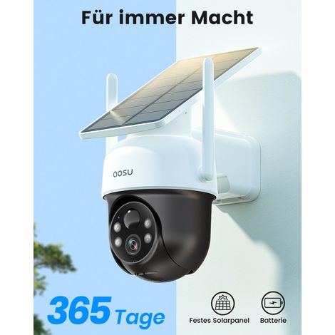 AOSU 2K Überwachungskamera Aussen Solar Akku 3MP [360° PTZ Panorama, Integrierter Solarpanel] Kabellos PIR-Personenerkennung Automatische Verfolgung Farb-Nachtsicht Ton- & Lichtalarm 2-Wege-Audio