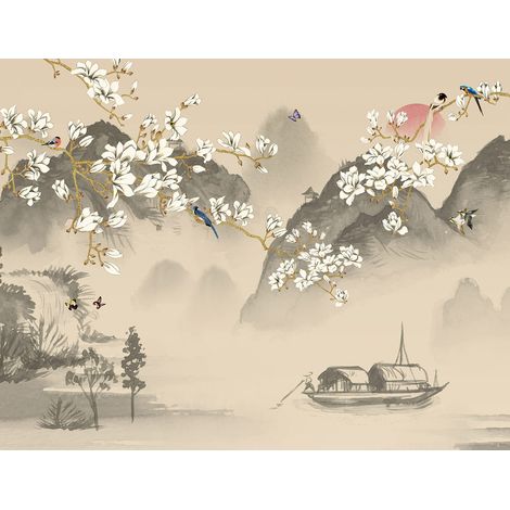 Papier peint panoramique - Fleurs Oiseaux - 130 cm x 100 cm (1/2)