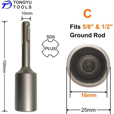 (C SDSPLUS 16X100mm) Embout de pose de piquet de terre SDS Plus, outil de marteau perforateur (1/5)