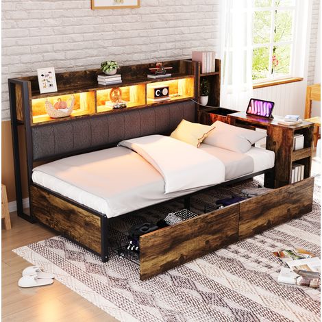 Einzelbett 90/200 cm Holzfarbe aus Metall und Holz mit Schreibtisch und Stauraum (1/5)
