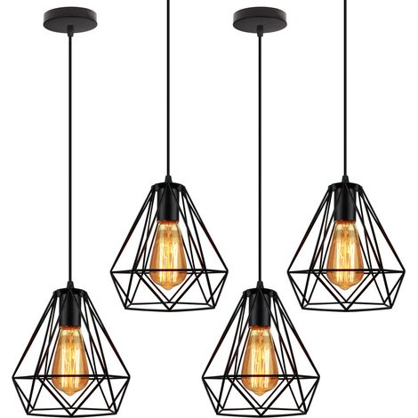 Pendelleuchte Vintage, Metall Kronleuchter im Retro Look, Diamant Hängelampe mit Ø20cm Käfig E27 Fassung Schwarz 4PCS (1/5)