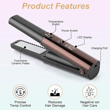 Lisseur et boucleur sans fil, mini lisseur portable de voyage, rechargeable par USB, écran LCD, 7 températures, mini fer à boucler pour des cheveux lisses-Marron (1/2)
