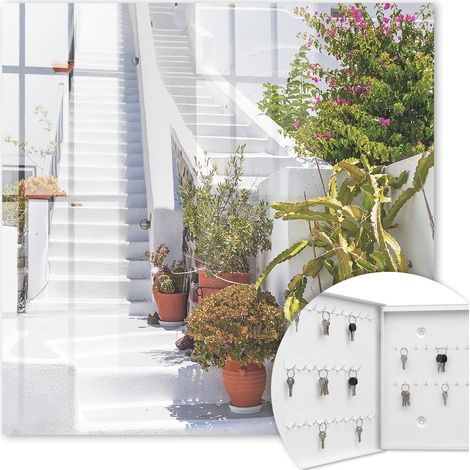 Armoire à clés - (30 cm x 30 cm) - Boîte à clés murale - Coffret de rangement pour clés - Couleur blanche - Ouverture vers la gauche - Pour maison et bureau - Escaliers avec plantes (1/5)
