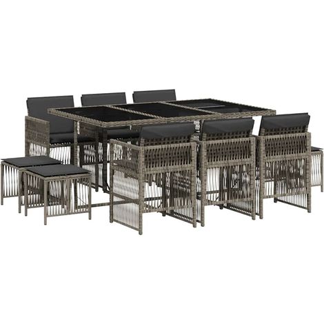 11 Piece Garden Dining Set with Cushions Grey Poly Rattan vidaXL