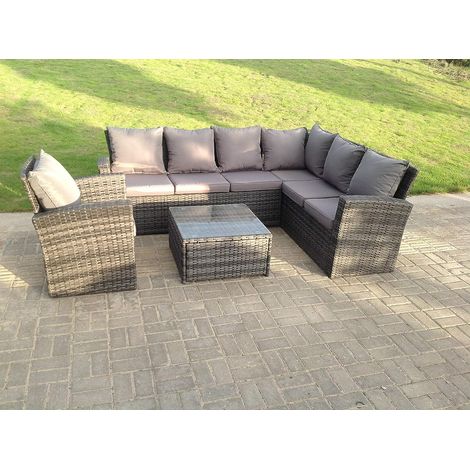 Fimous 7 seater high back dark grey mixed rattan corner sofa set chair square coffee table outdoor furniture right option (1/2)